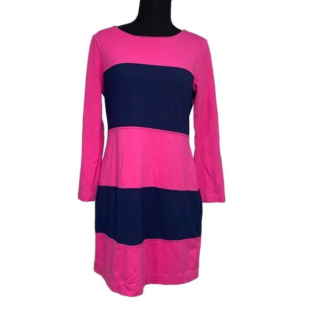 Vineyard Vines Magenta Pink and Navy Blue Striped Long Sleeved Dress